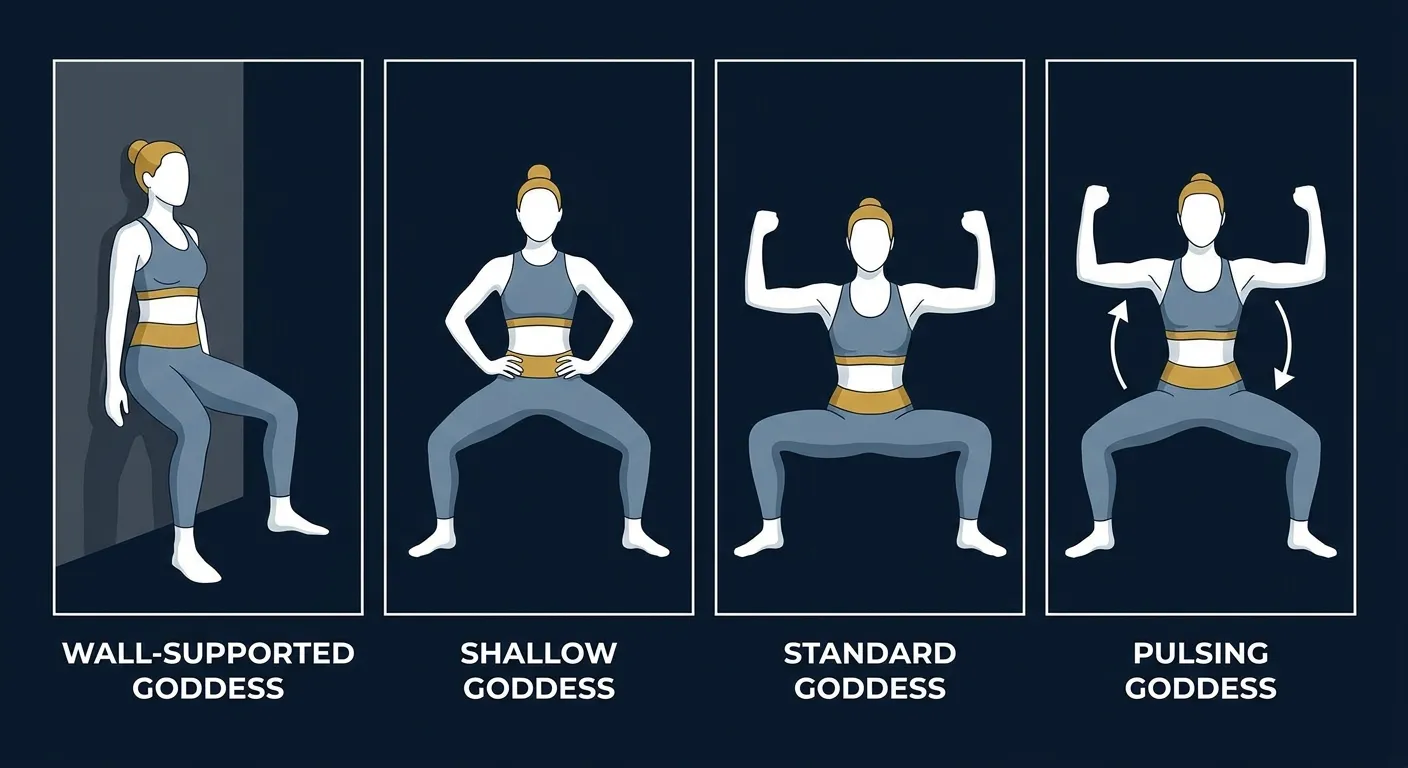 Goddess pose progressions: wall-supported regression, shallow goddess, standard goddess with cactus arms, and pulsing goddess for advanced endurance