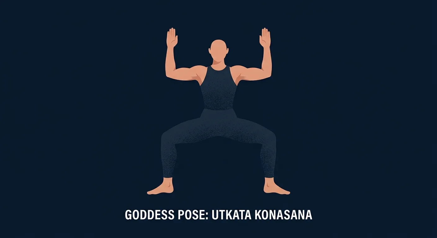 Goddess pose proper form: wide stance with feet turned out 45 degrees, knees tracking over toes, hips lowered to thigh-parallel, spine upright and stacked over the pelvis, cactus arms at shoulder height