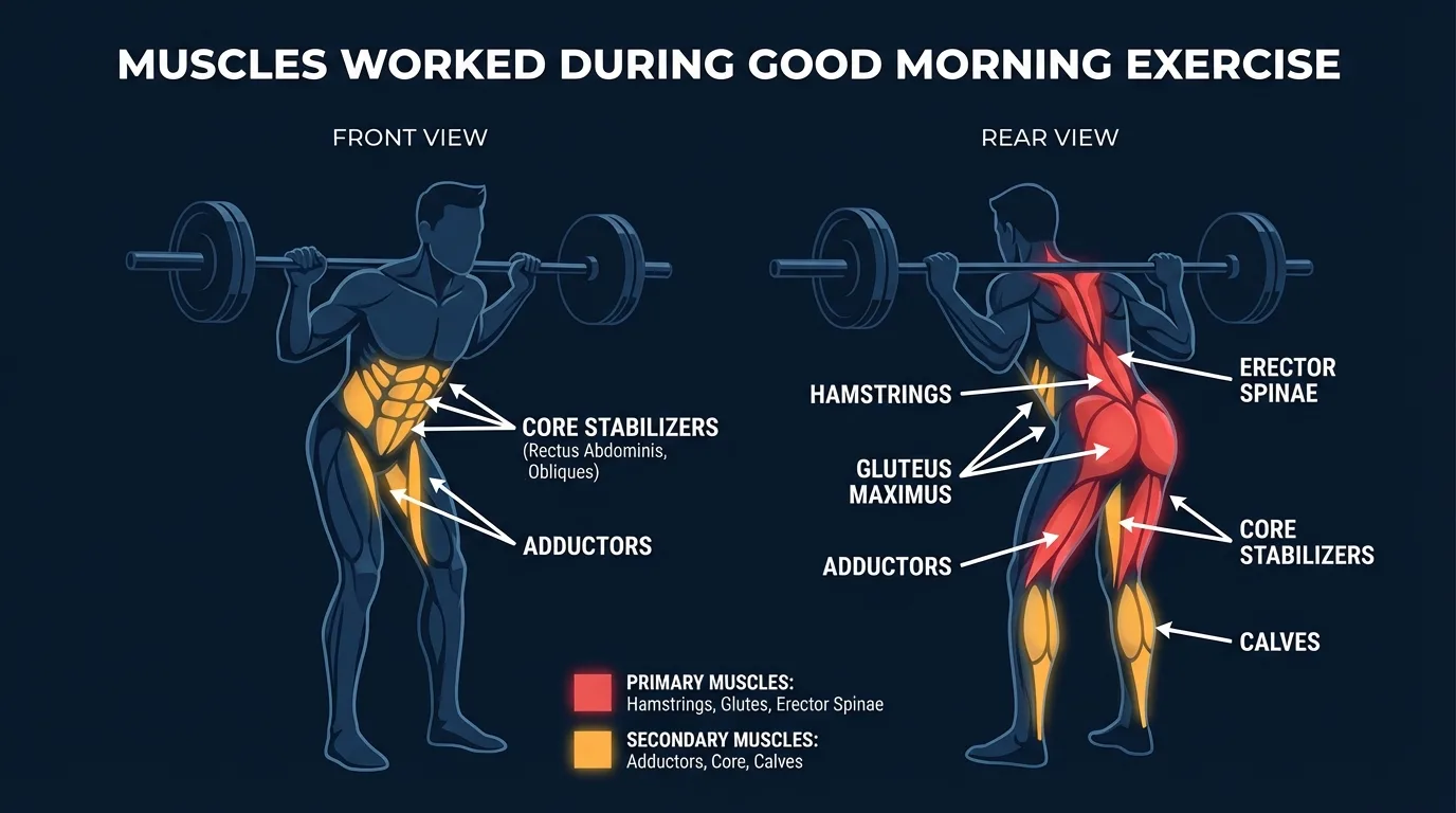 Good morning exercise muscles targeted diagram showing hamstrings, gluteus maximus, erector spinae, adductors, and core stabilizers during the hip hinge movement