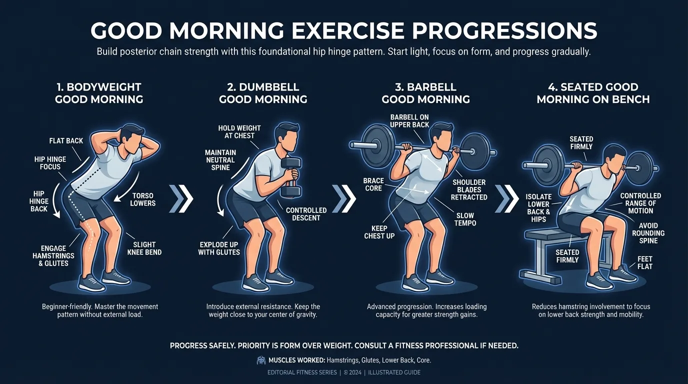 Good morning exercise progression from bodyweight good morning to dumbbell good morning to barbell good morning to banded good morning, showing increasing difficulty