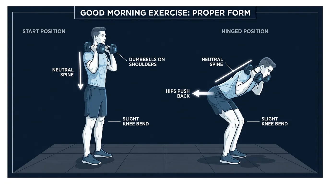 Good morning exercise proper form showing standing start position and hinged position with dumbbells on shoulders, neutral spine maintained, hips pushed back, slight knee bend throughout