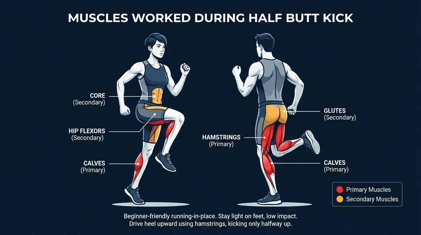 Half butt kick muscles targeted diagram showing hamstrings, glutes, calves, and hip flexors highlighted on a human figure