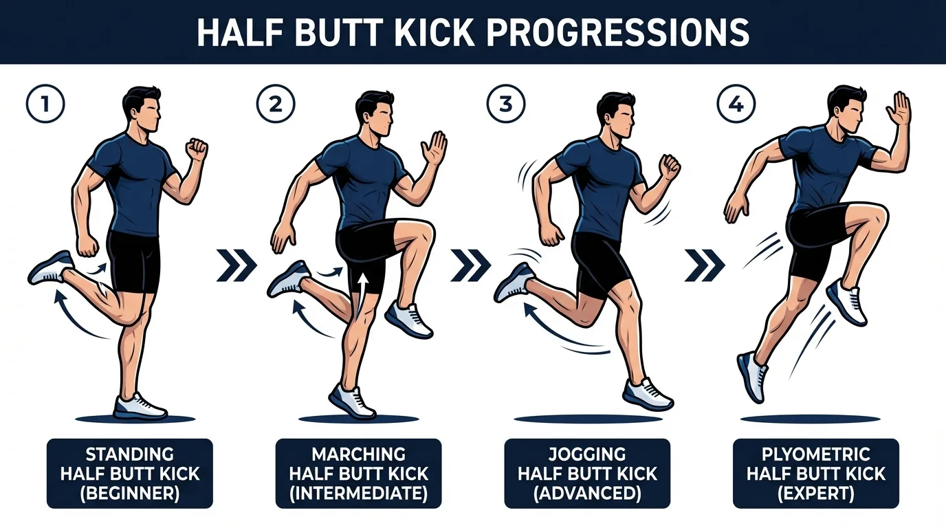 Half butt kick progressions and variations from marching half butt kicks for beginners to full butt kicks for advanced athletes