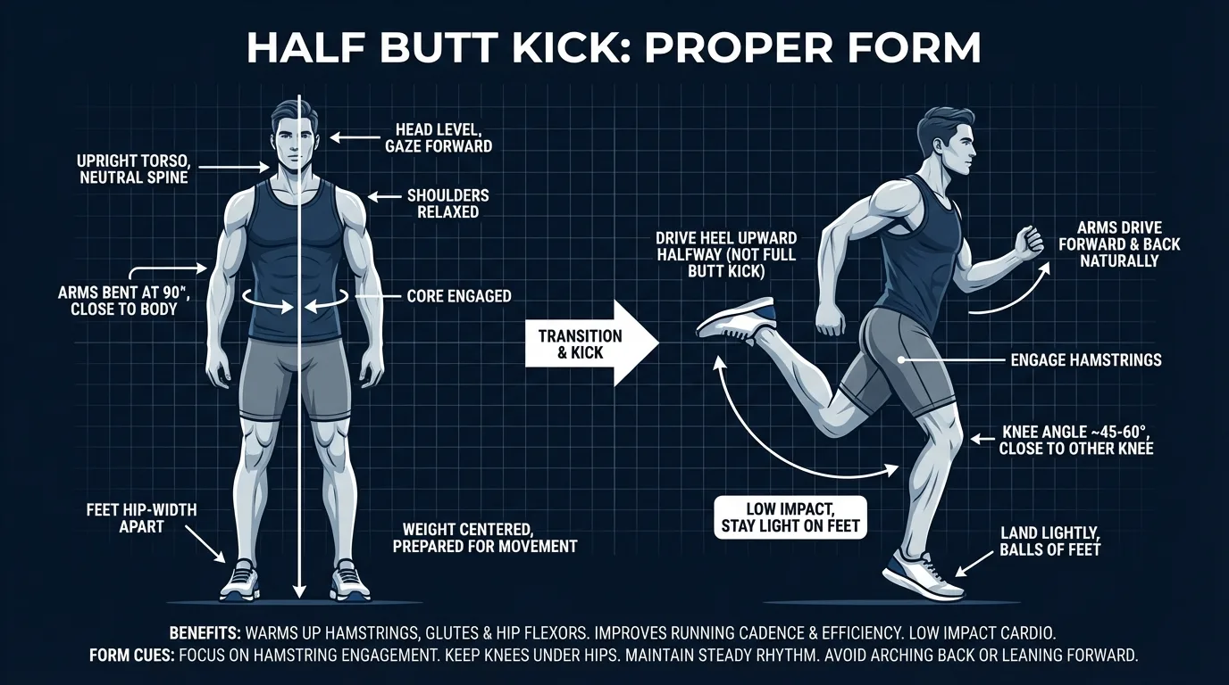 Half butt kick proper form visual guide showing upright posture, heel rising only to mid-calf, and vertical thigh position