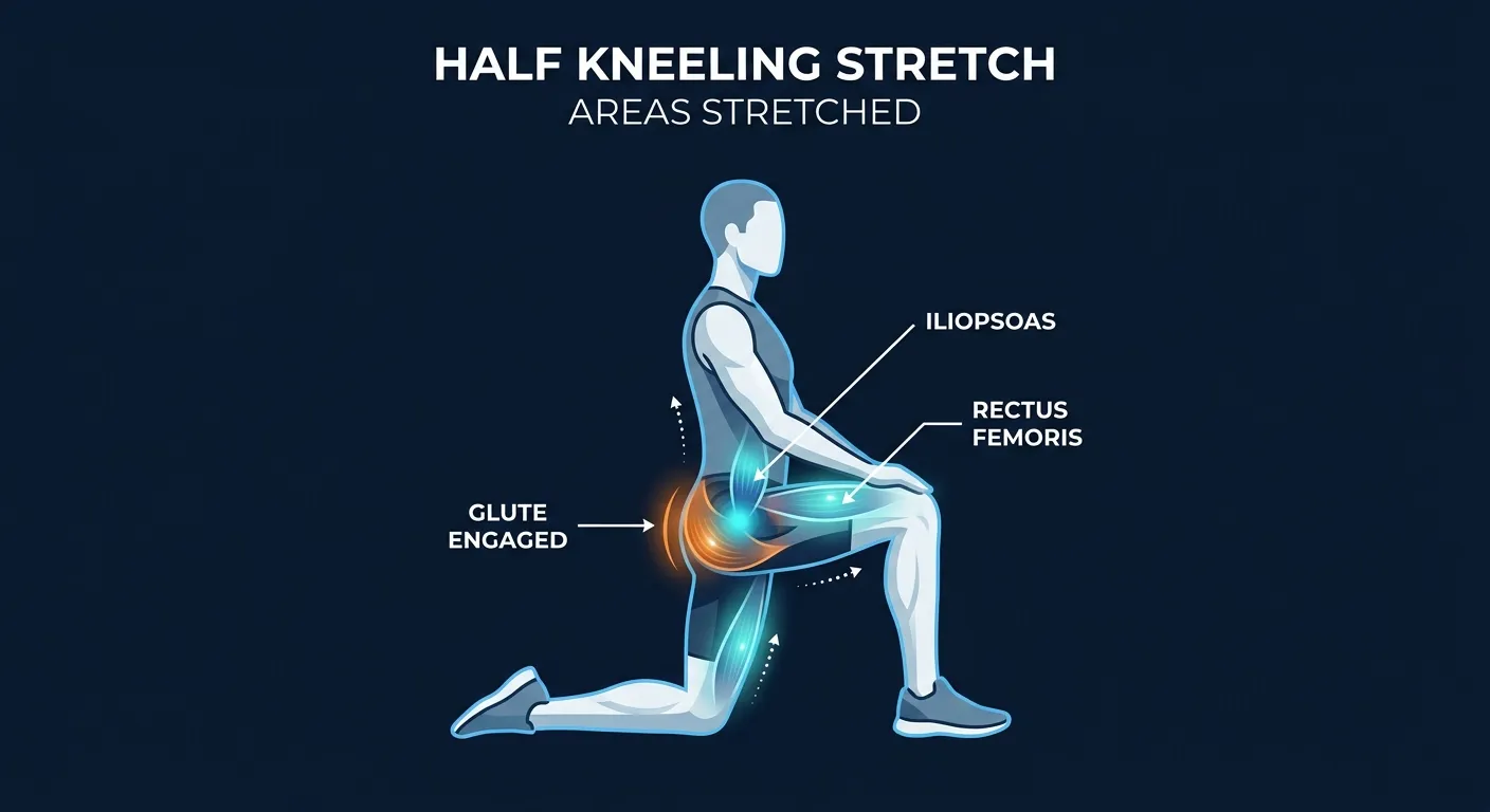 Half kneeling stretch areas stretched: iliopsoas and rectus femoris of the rear leg lengthening under a posterior pelvic tilt, with the rear glute engaged to anchor the pelvis