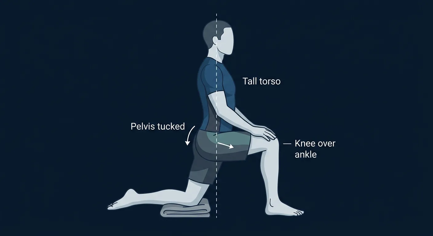 Half kneeling stretch proper form: rear knee padded, front knee over the ankle at 90 degrees, pelvis tucked into posterior tilt, torso tall and vertical with a small forward hip shift
