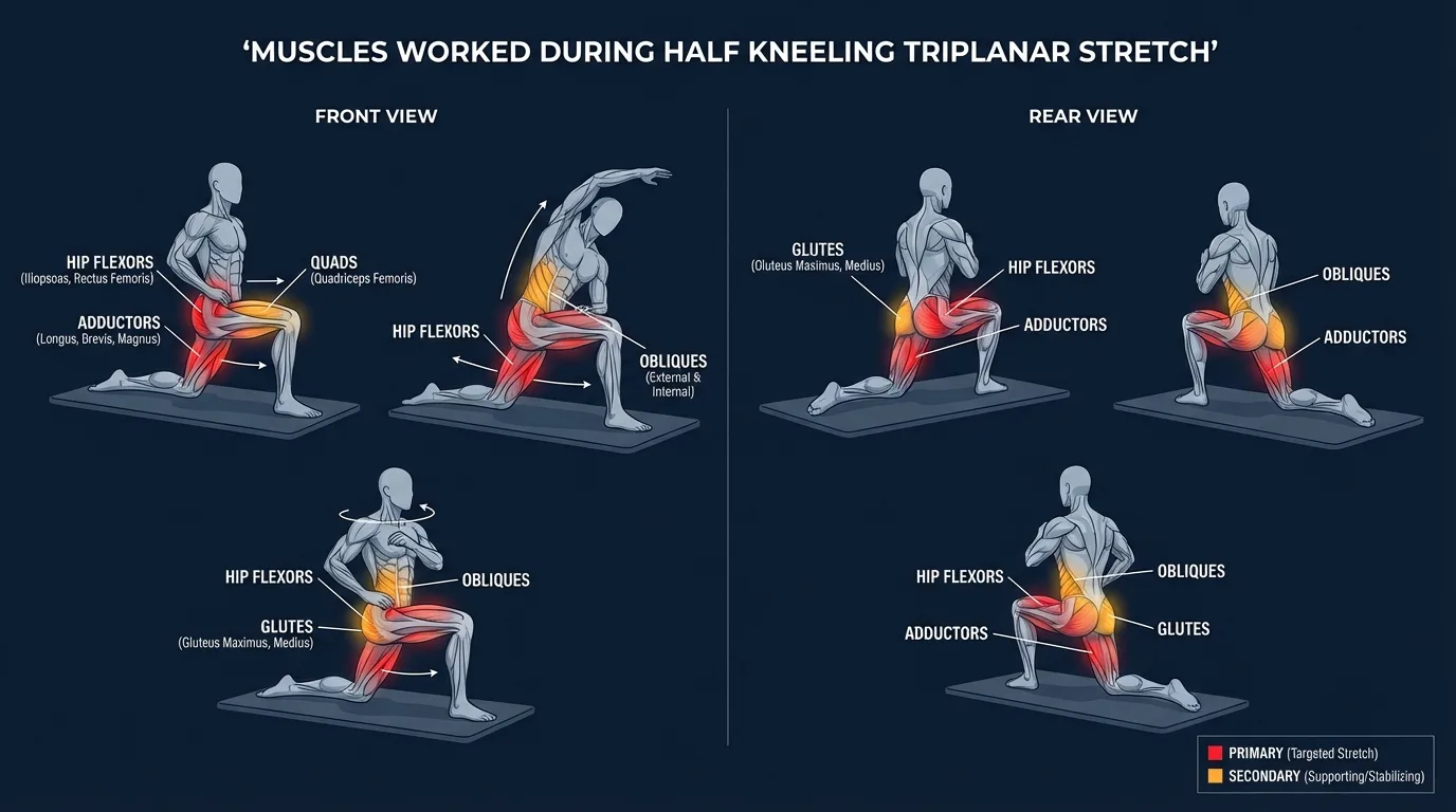 Half kneeling triplanar stretch muscles targeted diagram showing iliopsoas, rectus femoris, TFL, obliques, and thoracolumbar fascia highlighted across sagittal, frontal, and transverse planes