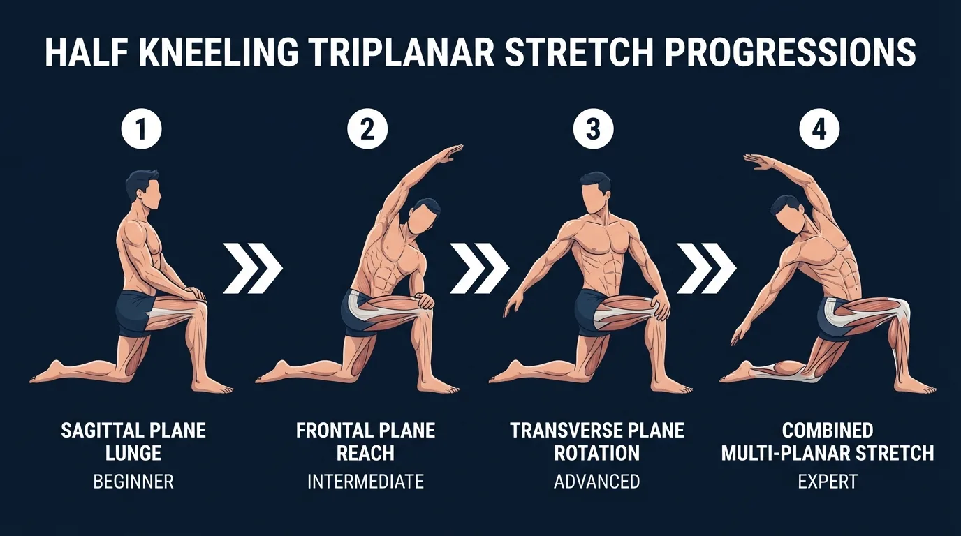Three phases of the half kneeling triplanar stretch showing sagittal forward shift, frontal lateral reach, and transverse rotation positions with directional arrows