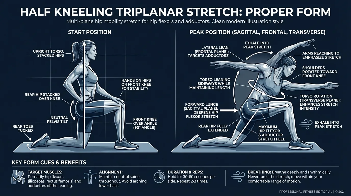 Common mistakes in the half kneeling triplanar stretch showing anterior pelvic tilt with arched back versus correct posterior pelvic tilt with tucked tailbone