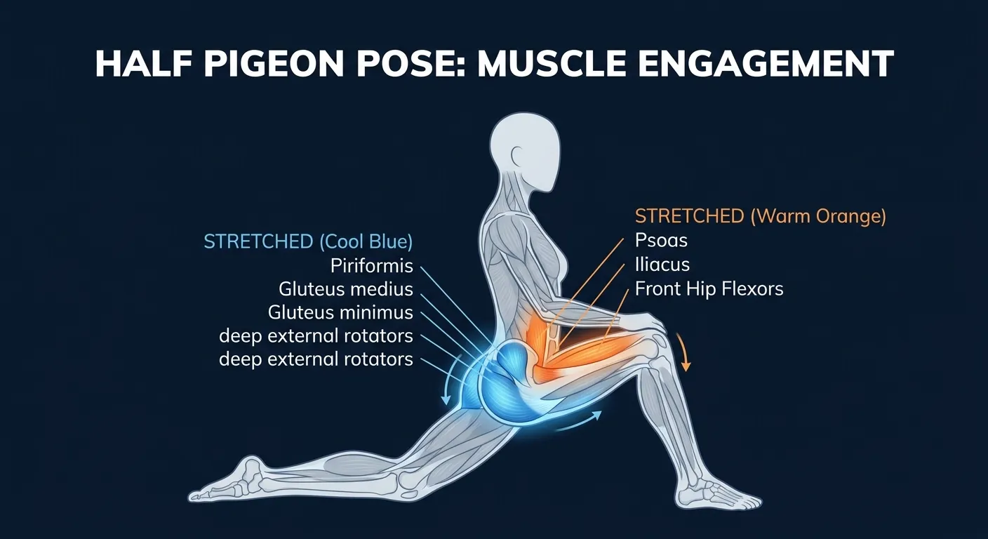 Half pigeon muscles stretched and engaged: piriformis and gluteus medius and minimus of the front hip, hip flexors (psoas, iliacus) of the back leg