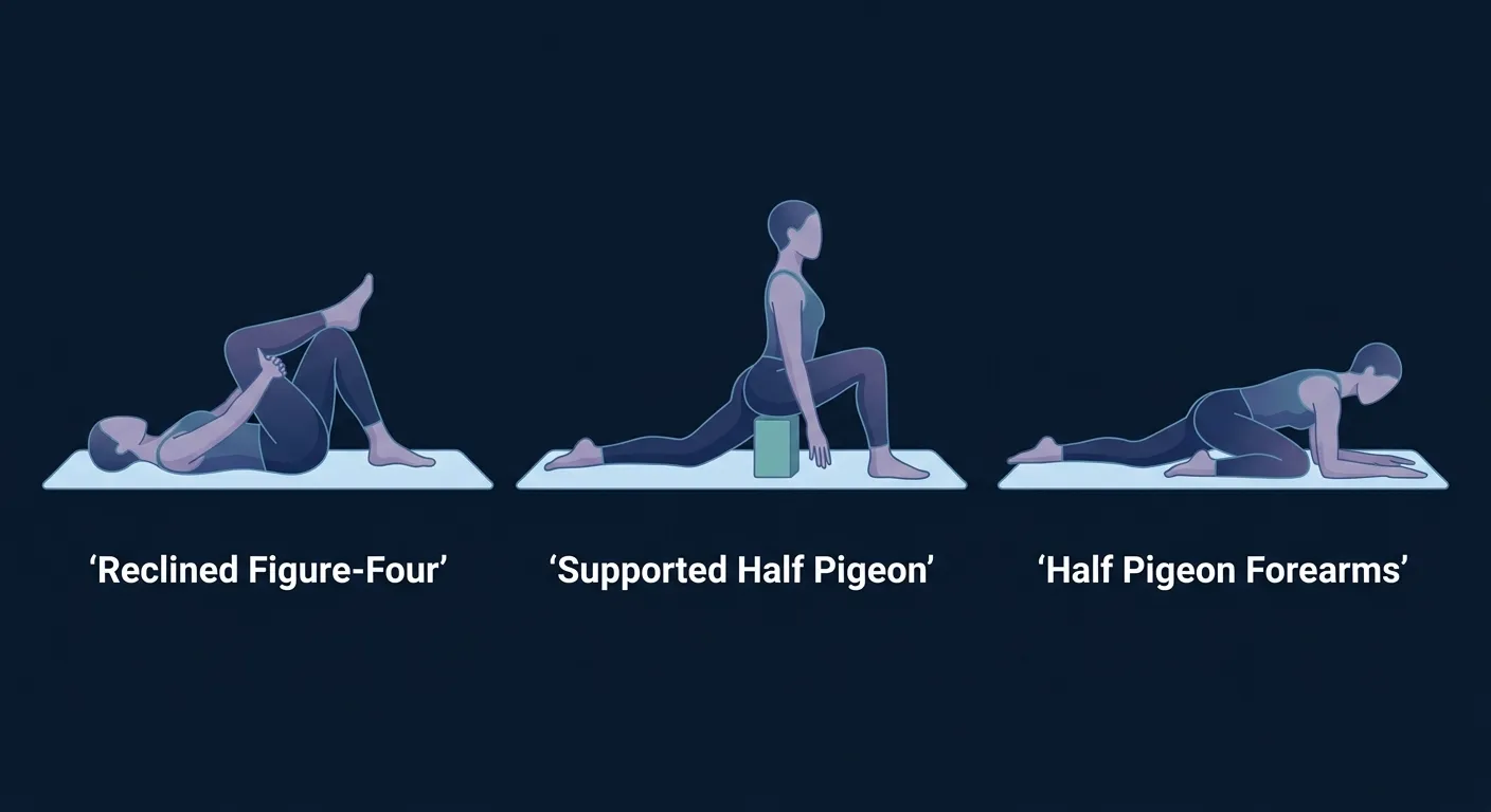 Half pigeon progressions from reclined figure-four stretch to supported half pigeon with block to half pigeon on forearms