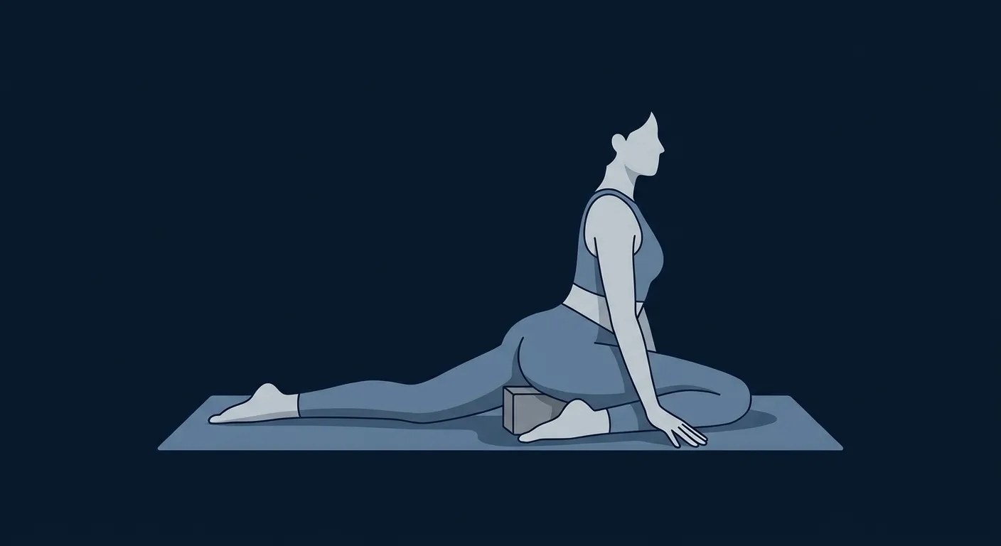 Half pigeon proper form with front shin angled at 45 degrees and heel near the opposite hip, back leg extended straight, hips squared forward and supported by a block under the front-leg hip, torso upright