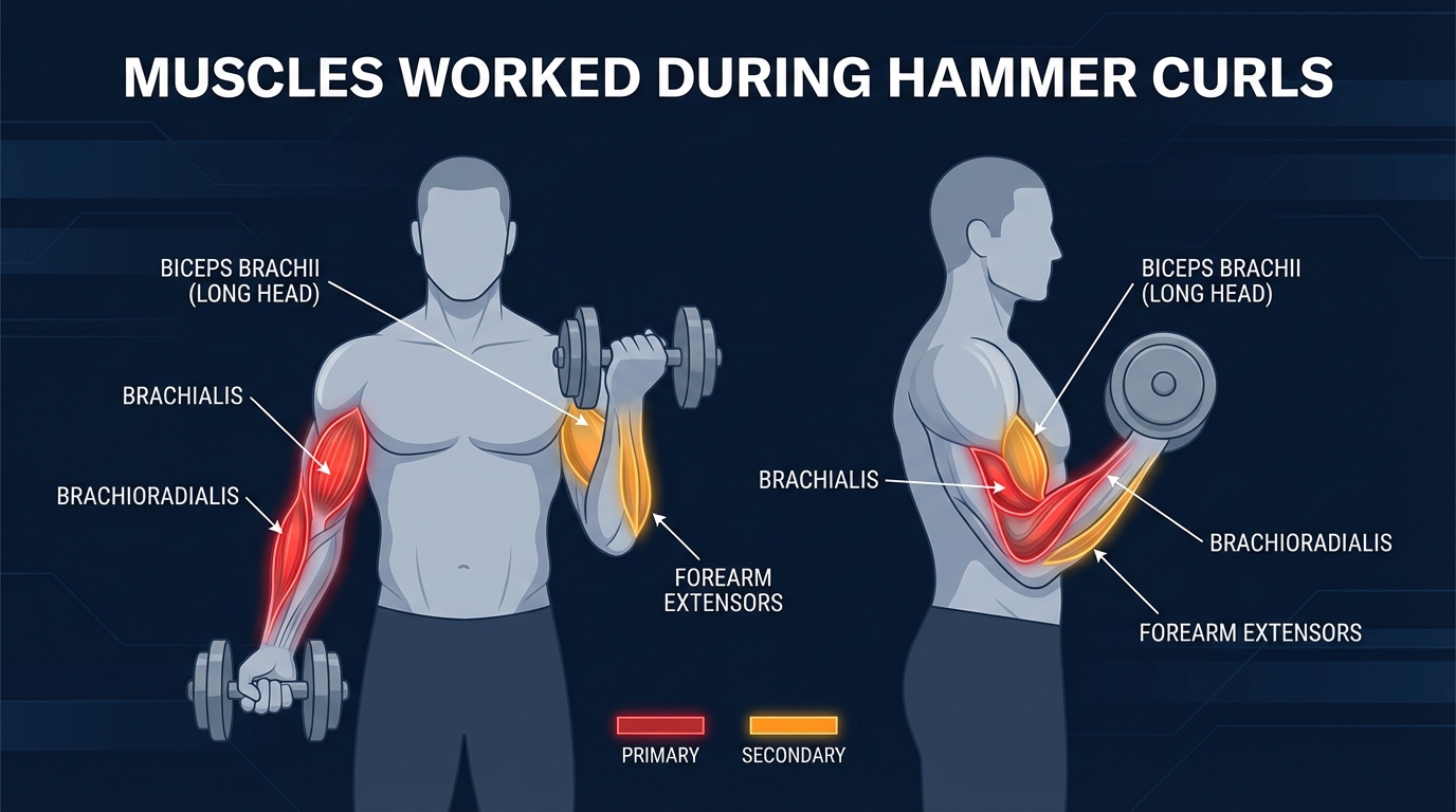 Hammer curl muscles targeted diagram showing brachialis and brachioradialis as primary movers with biceps brachii long head and forearm extensors as secondary muscles