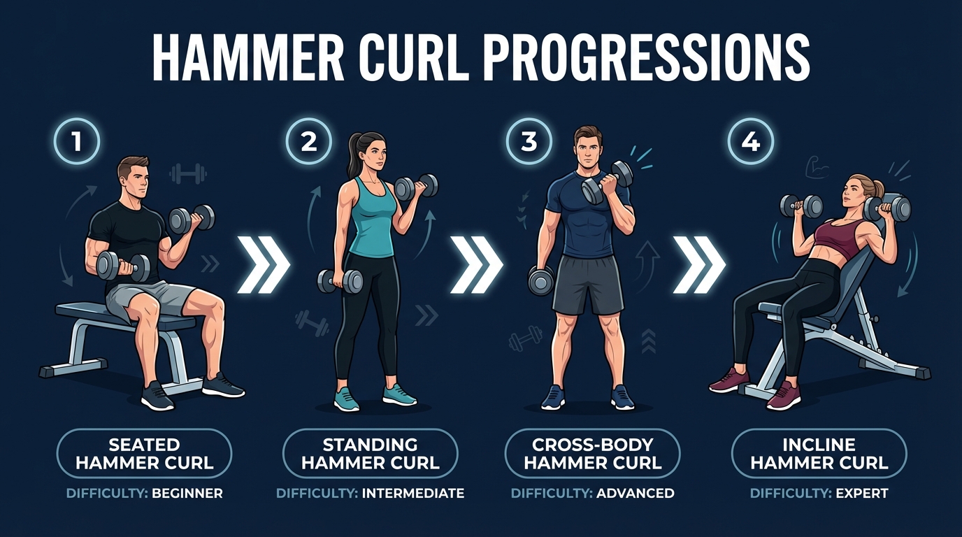 Hammer curl progressions from seated hammer curl to standing to cross-body to incline hammer curl with difficulty levels