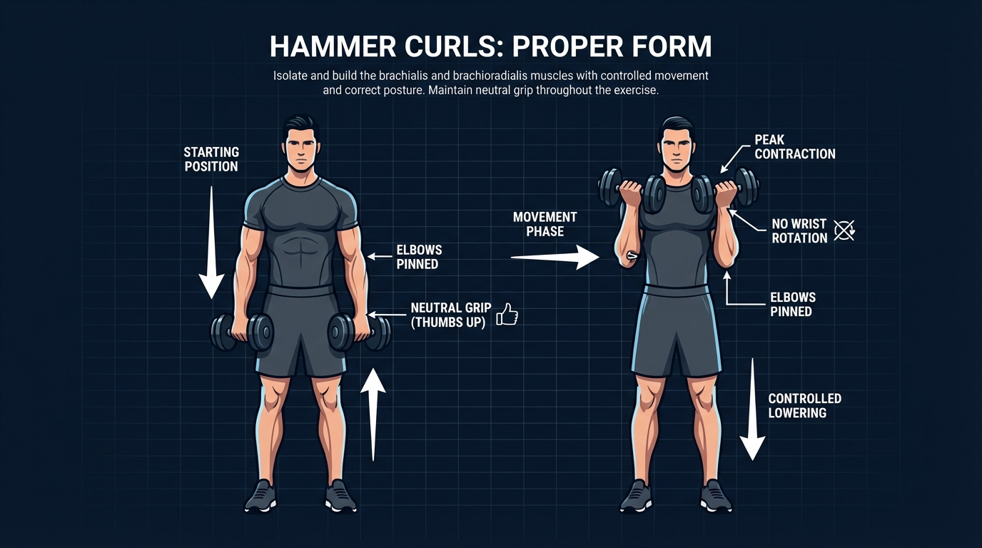 Hammer curl proper form showing starting position with dumbbells at sides in neutral grip and end position with dumbbells curled up near shoulders, elbows pinned to sides