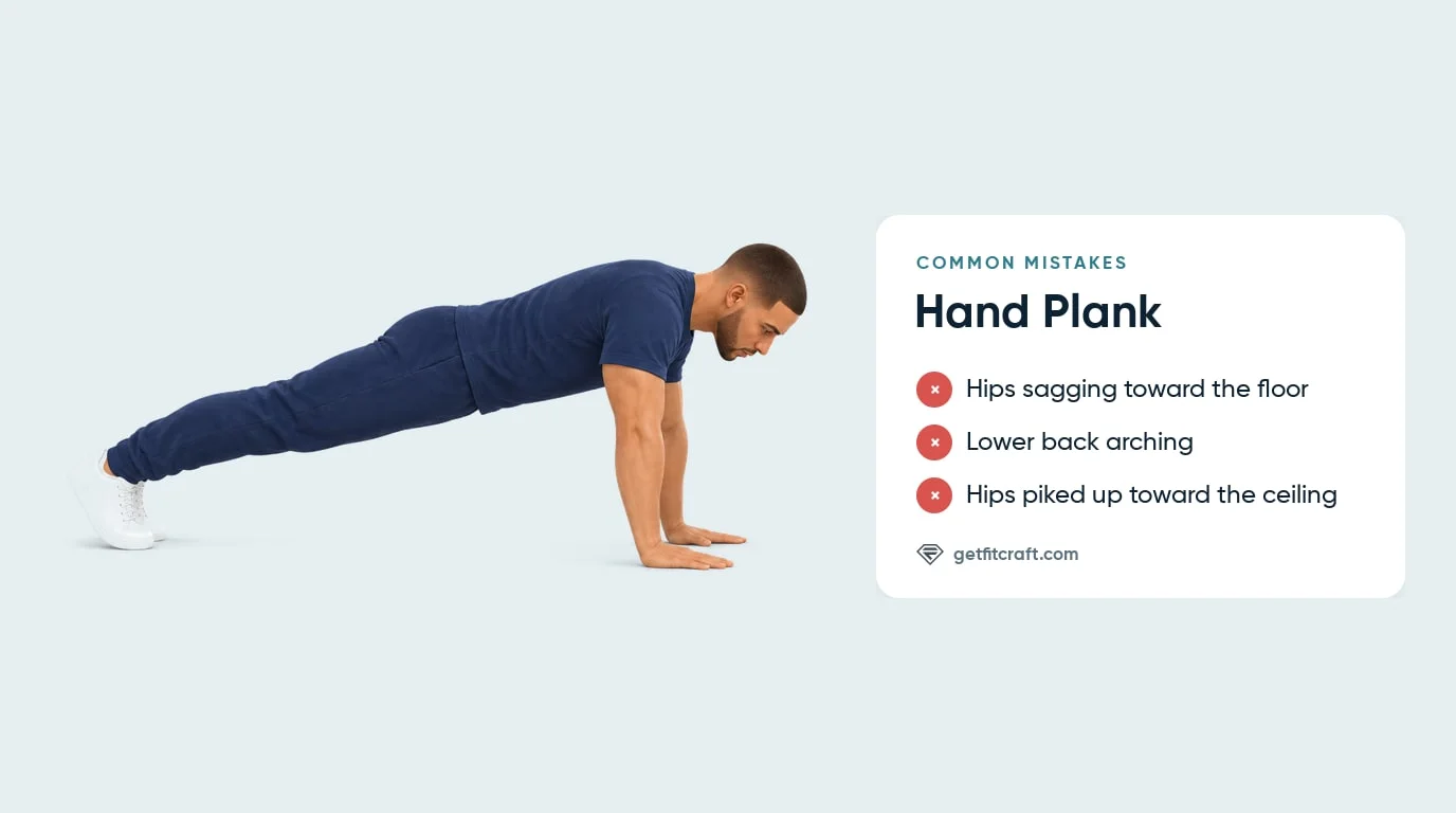 Hand plank done correctly beside a list of common mistakes: sagging hips, an arching lower back and piked hips