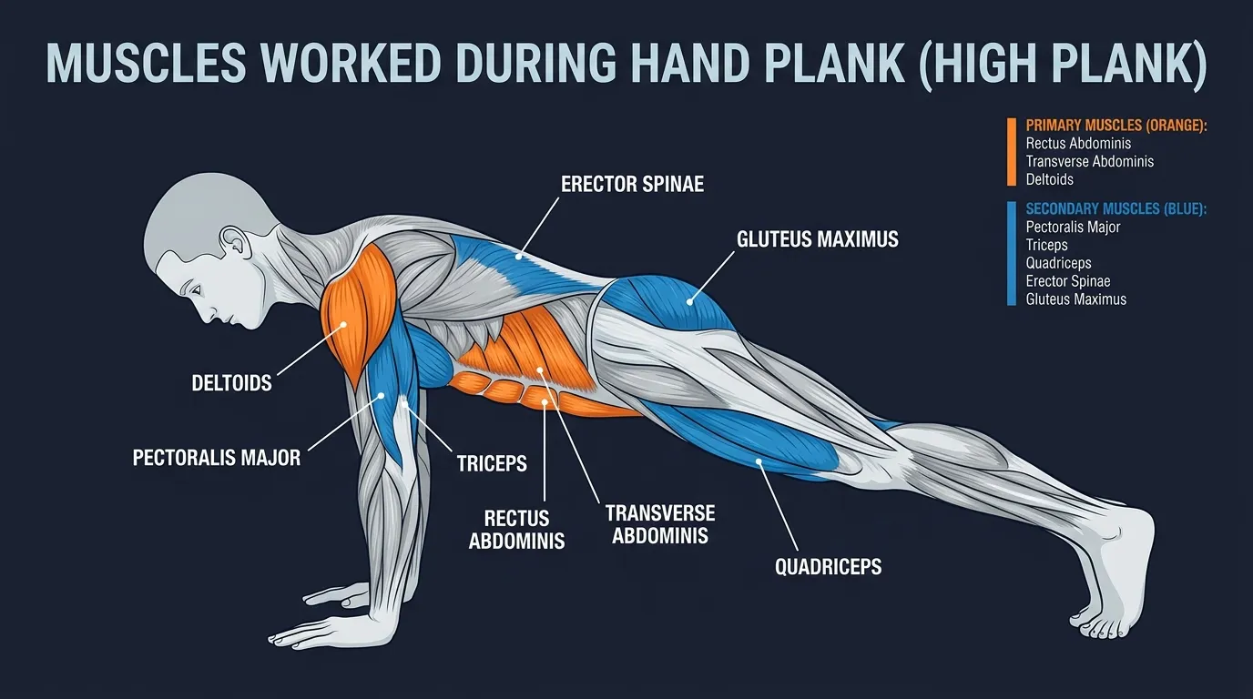 Hand plank muscles activated: rectus abdominis, transverse abdominis, and obliques as primary anti-extension movers, with deltoids, triceps, pectorals, and serratus anterior supporting bodyweight through extended arms
