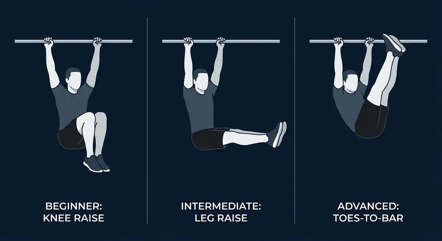 Hanging leg raise progression spectrum: hanging knee raise (beginner regression), strict straight-leg hanging leg raise (intermediate standard), and toes-to-bar (advanced progression)