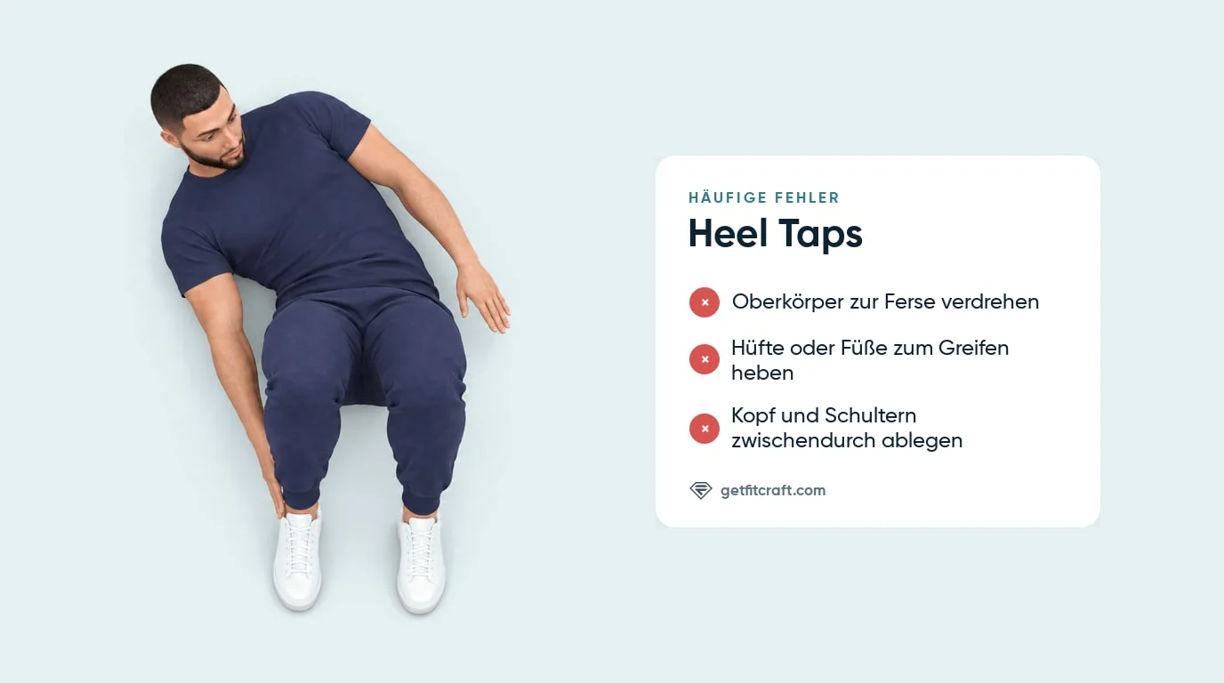 Heel Taps häufige Fehler neben der richtigen Technik: Schultern aufgerollt, eine Hand greift zur Ferse, Füße flach am Boden