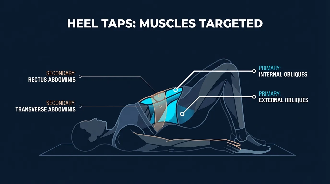 Heel taps muscles targeted diagram showing obliques, rectus abdominis, and transverse abdominis activation during lateral spinal flexion