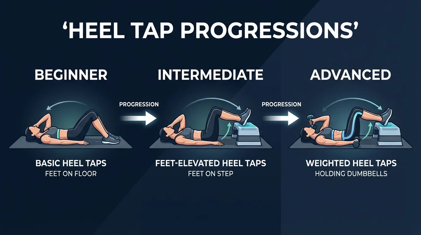 Heel taps progression from basic heel taps to weighted heel taps to feet-elevated heel taps showing increasing difficulty levels