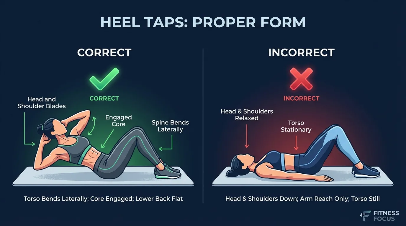 Heel taps proper form showing crunch position with shoulder blades elevated, lateral reach toward heel, and controlled return to center