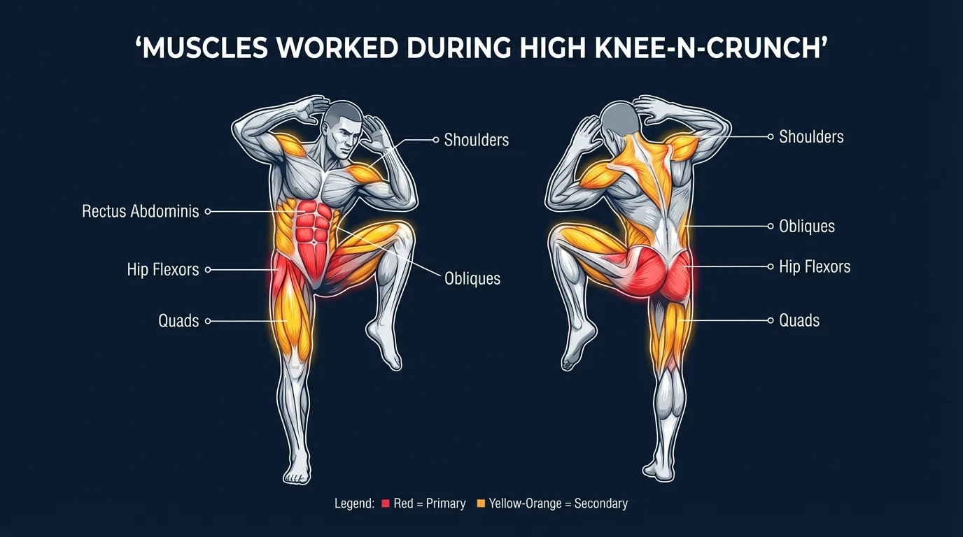 High knee-n-crunch muscles targeted diagram showing rectus abdominis, obliques, hip flexors, quadriceps, calves, and glutes highlighted on a standing figure
