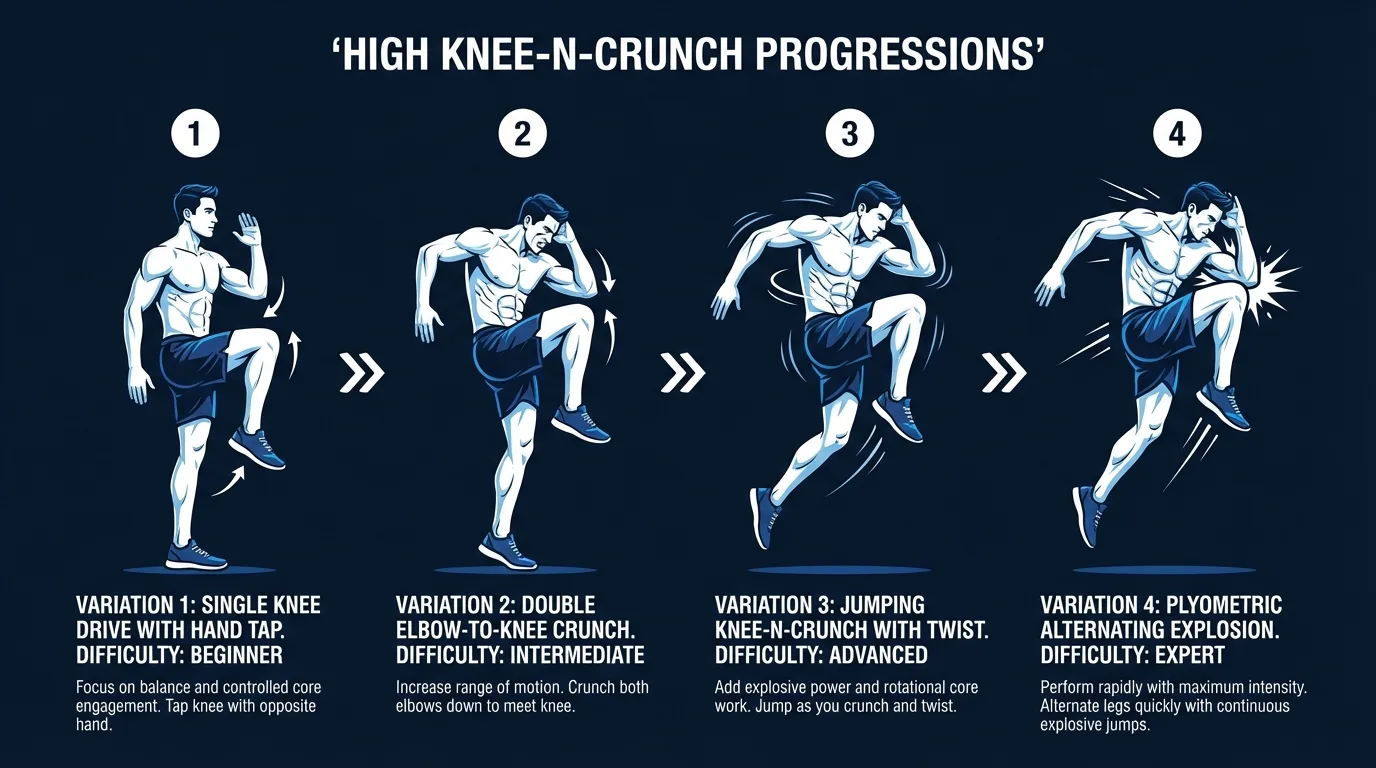 High knee-n-crunch progression ladder from slow-tempo marching crunch to standard alternating high knee crunch to rapid-fire HIIT high knee crunch