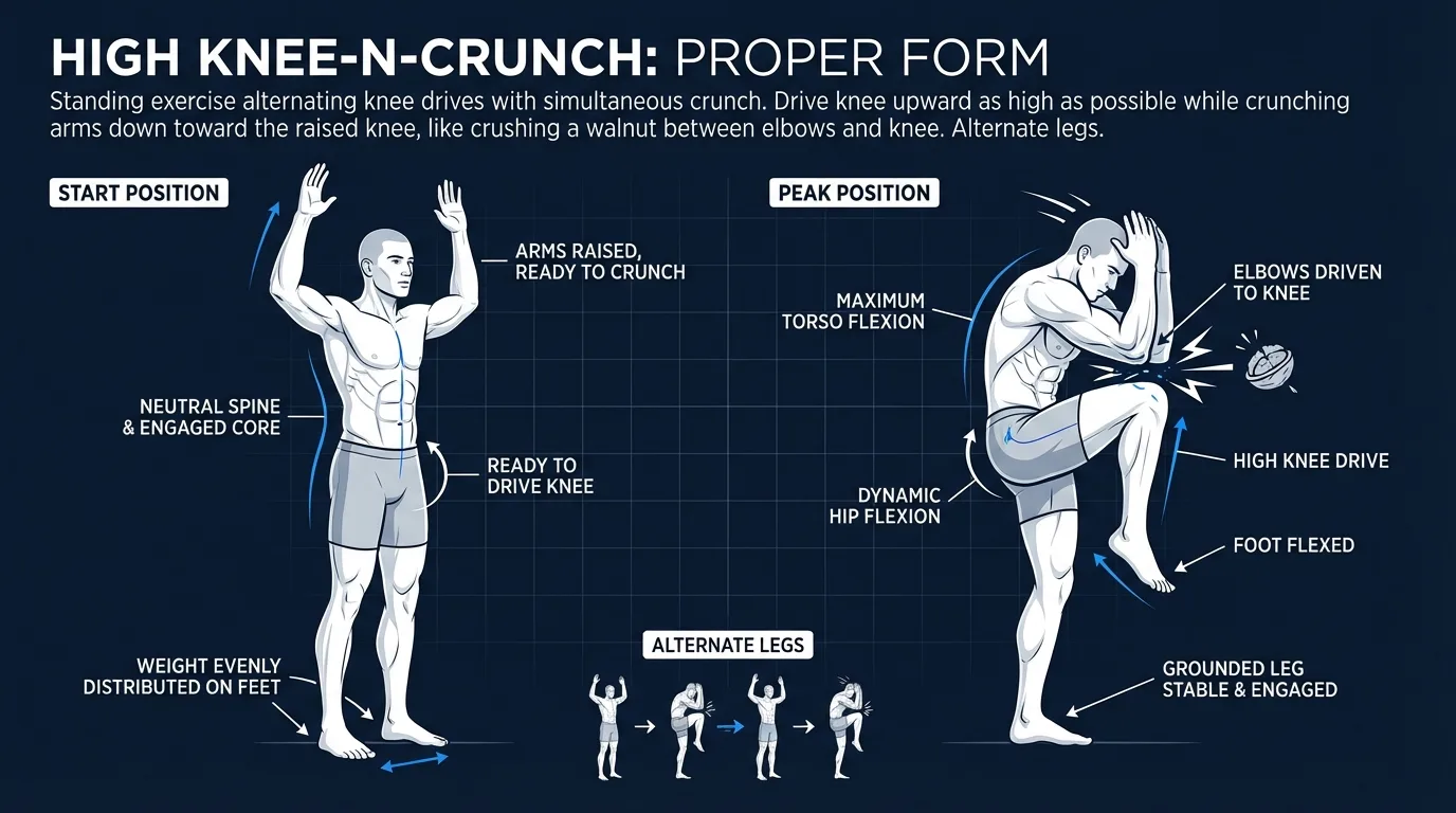 High knee-n-crunch proper form showing standing start position, explosive knee drive, and cross-body crunch with opposite elbow meeting knee