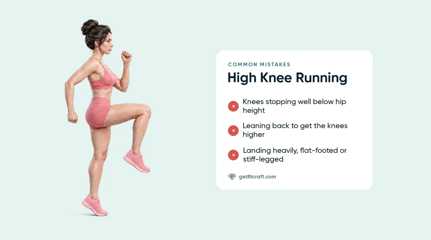 High knee run done correctly beside common mistakes: knees well below hip height, leaning back, landing heavily