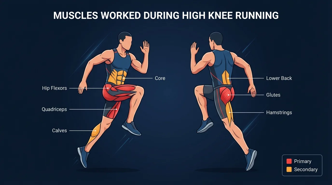 High knee running muscles targeted diagram showing hip flexors, quadriceps, calves, glutes, and core highlighted on a human figure