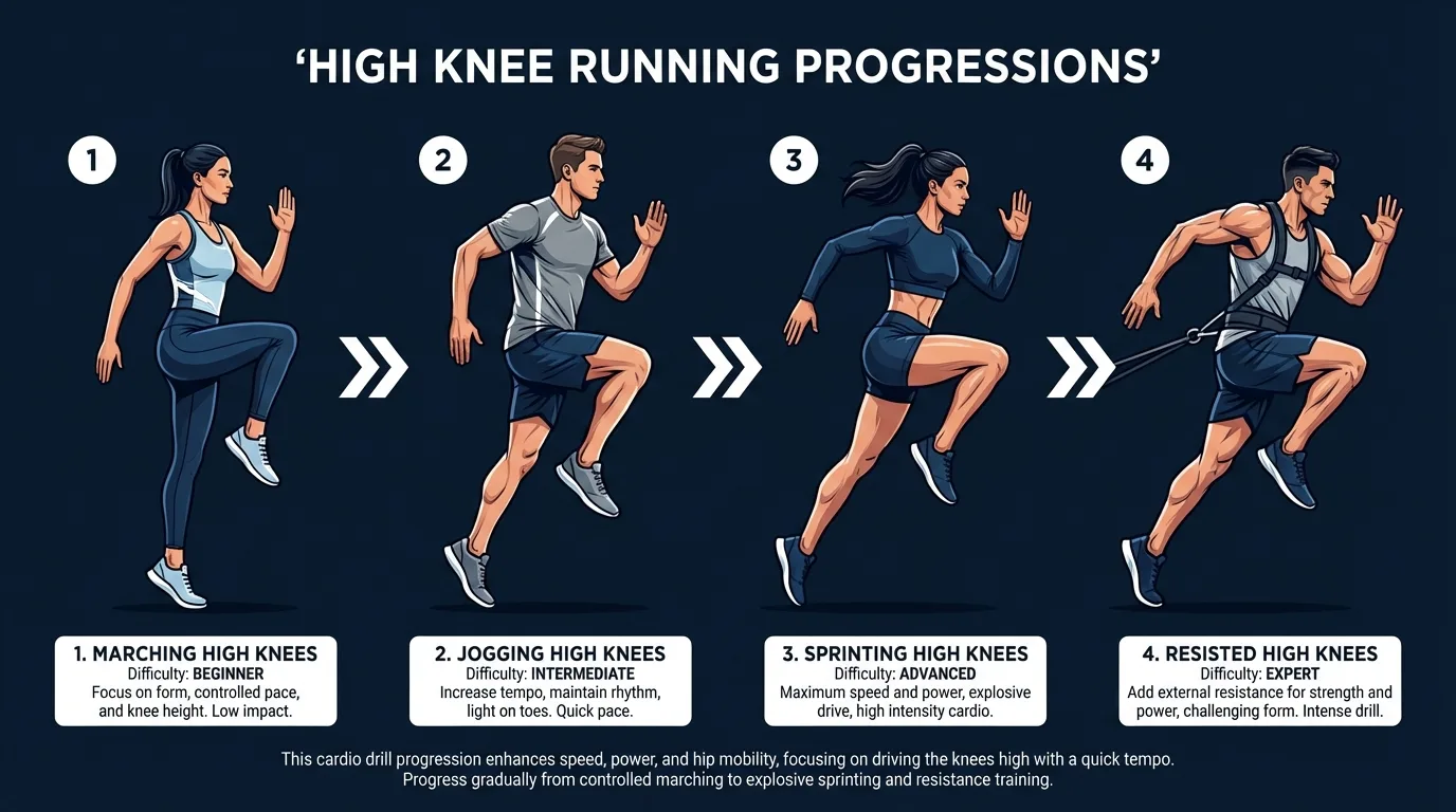 High knee running variations from beginner march with knee drive to advanced resisted sprint intervals
