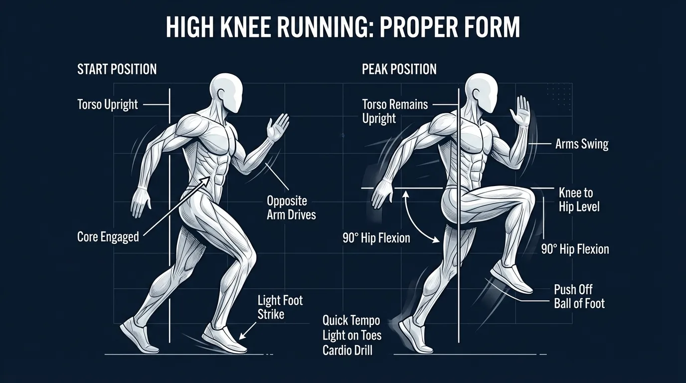 High knee running proper form visual guide showing upright torso, knee driven above hip height, ball-of-foot landing, and powerful arm drive