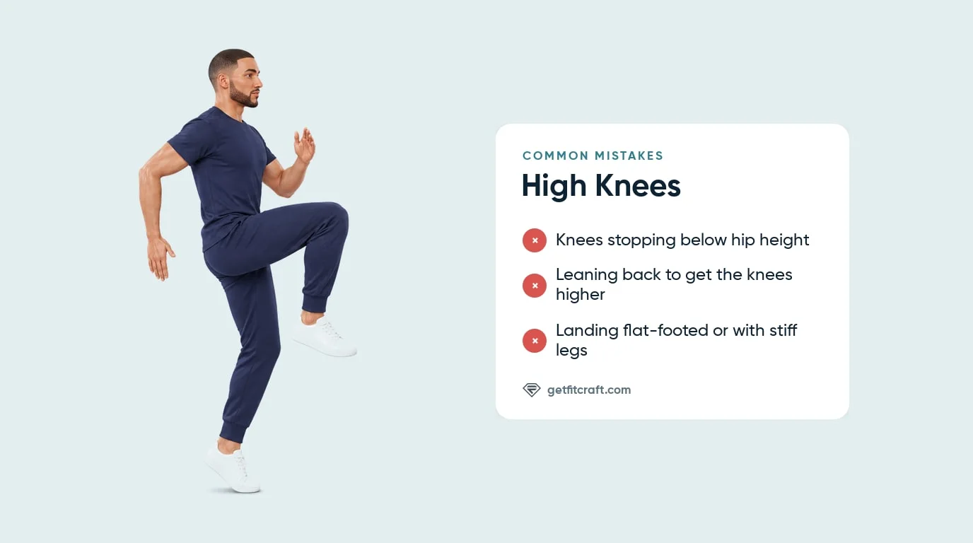 High knees common mistakes listed beside the correct form: knee at hip height, upright torso and the standing heel lifted