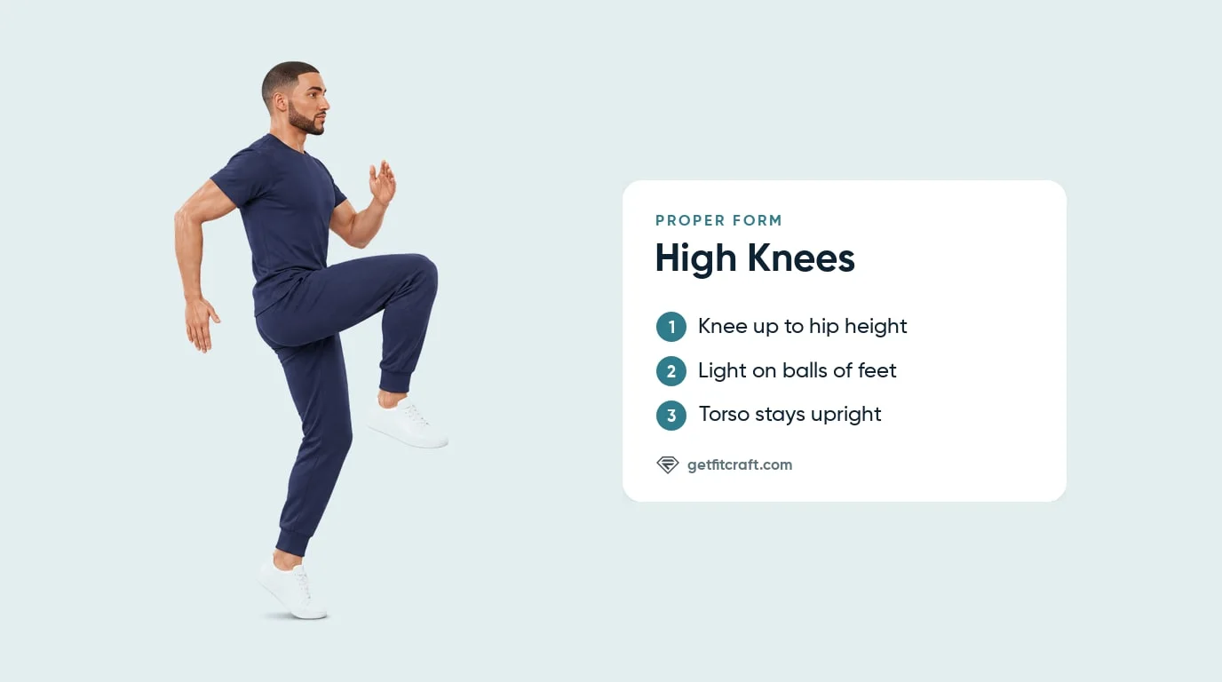 High knees exercise proper form from the side: knee driven to hip height, torso upright and standing heel off the floor