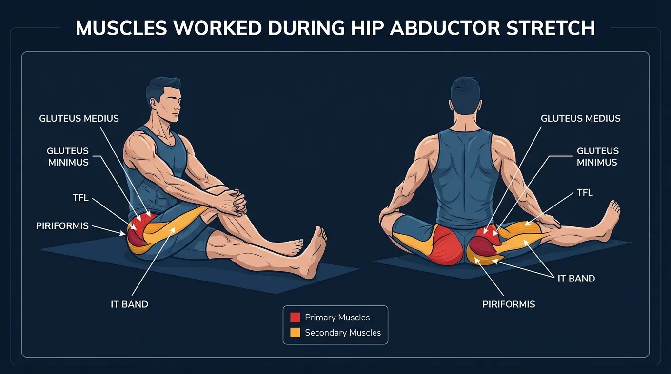 Hip abductor stretch muscles targeted diagram showing gluteus medius, gluteus minimus, and tensor fasciae latae highlighted on the outer hip