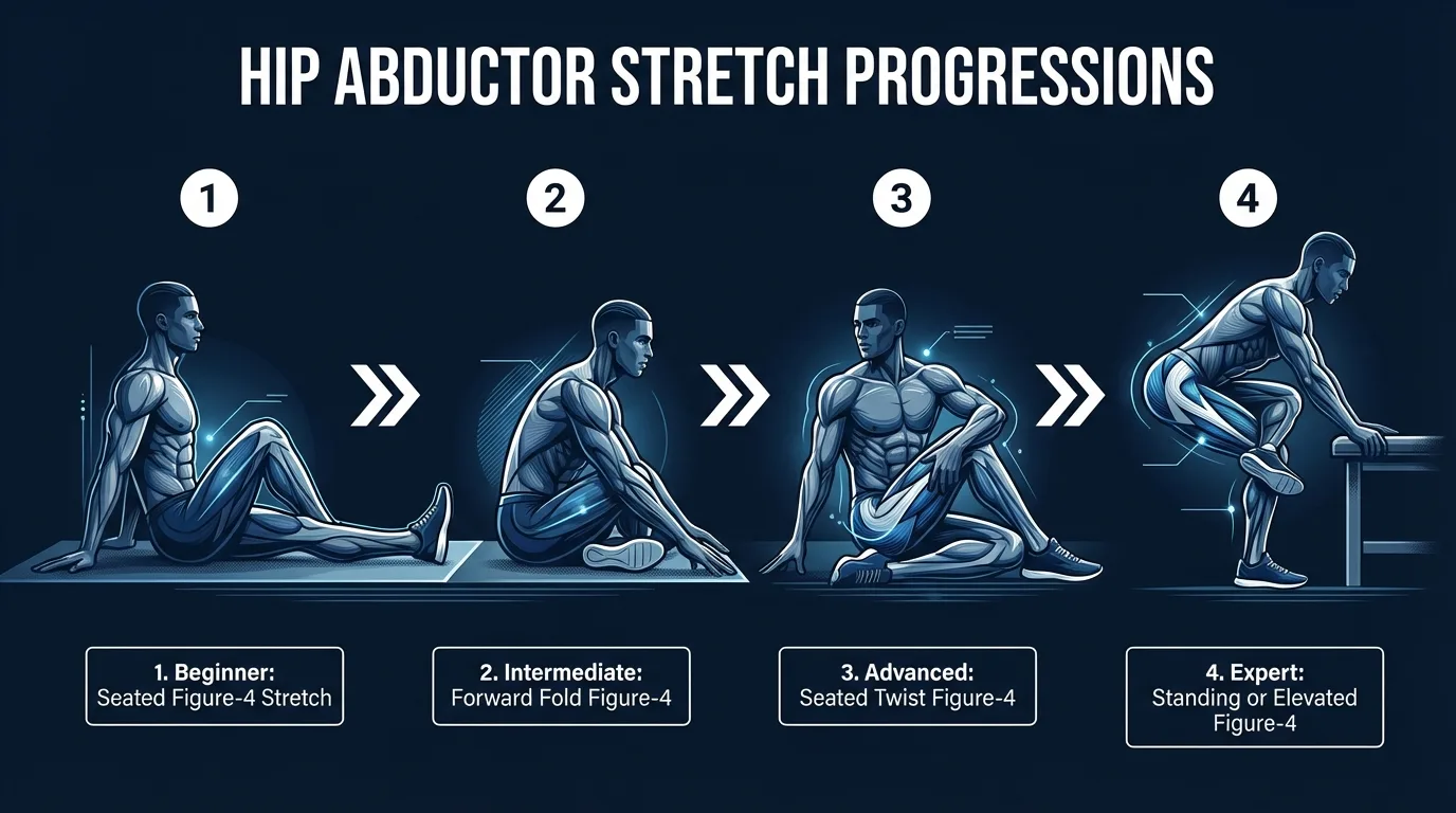 Hip abductor stretch variations showing seated figure-four stretch and side-lying TFL stretch positions for beginners