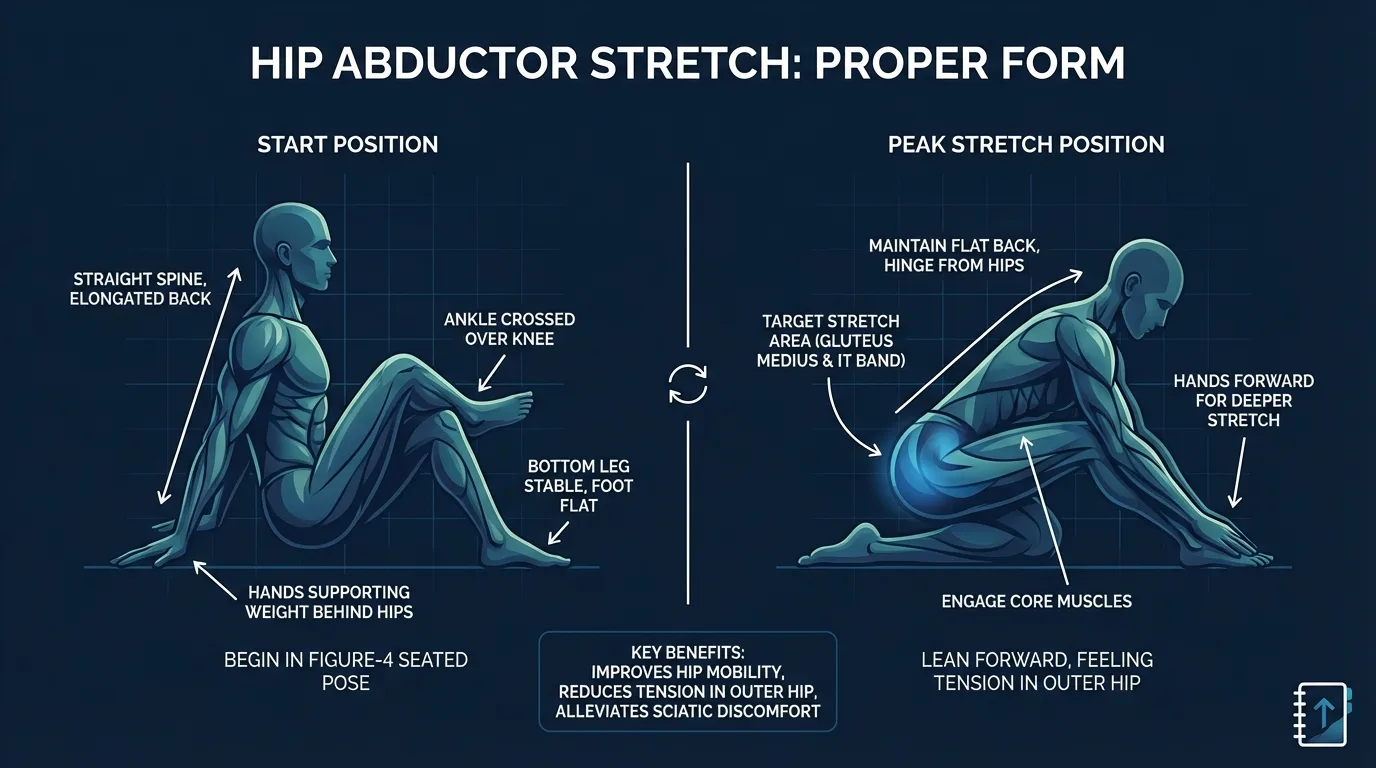 Hip abductor stretch proper form showing standing crossover position with legs crossed, hip pushed laterally, and torso upright next to a wall