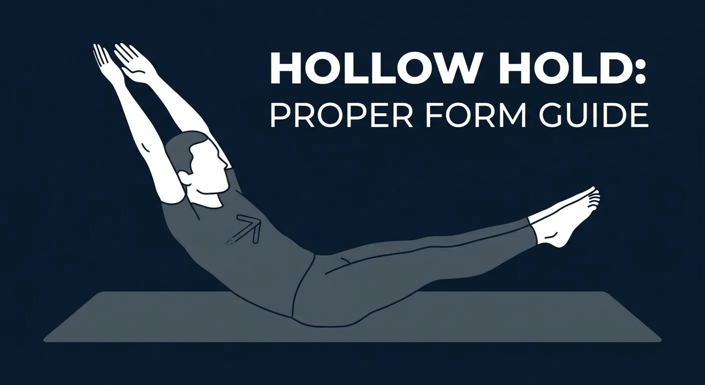 Hollow Hold proper form: lower back pressed flat into the floor with posterior pelvic tilt, shoulder blades curled off the ground, arms extended overhead near the ears, legs extended a few inches off the floor with toes pointed, body forming a shallow dish or banana shape