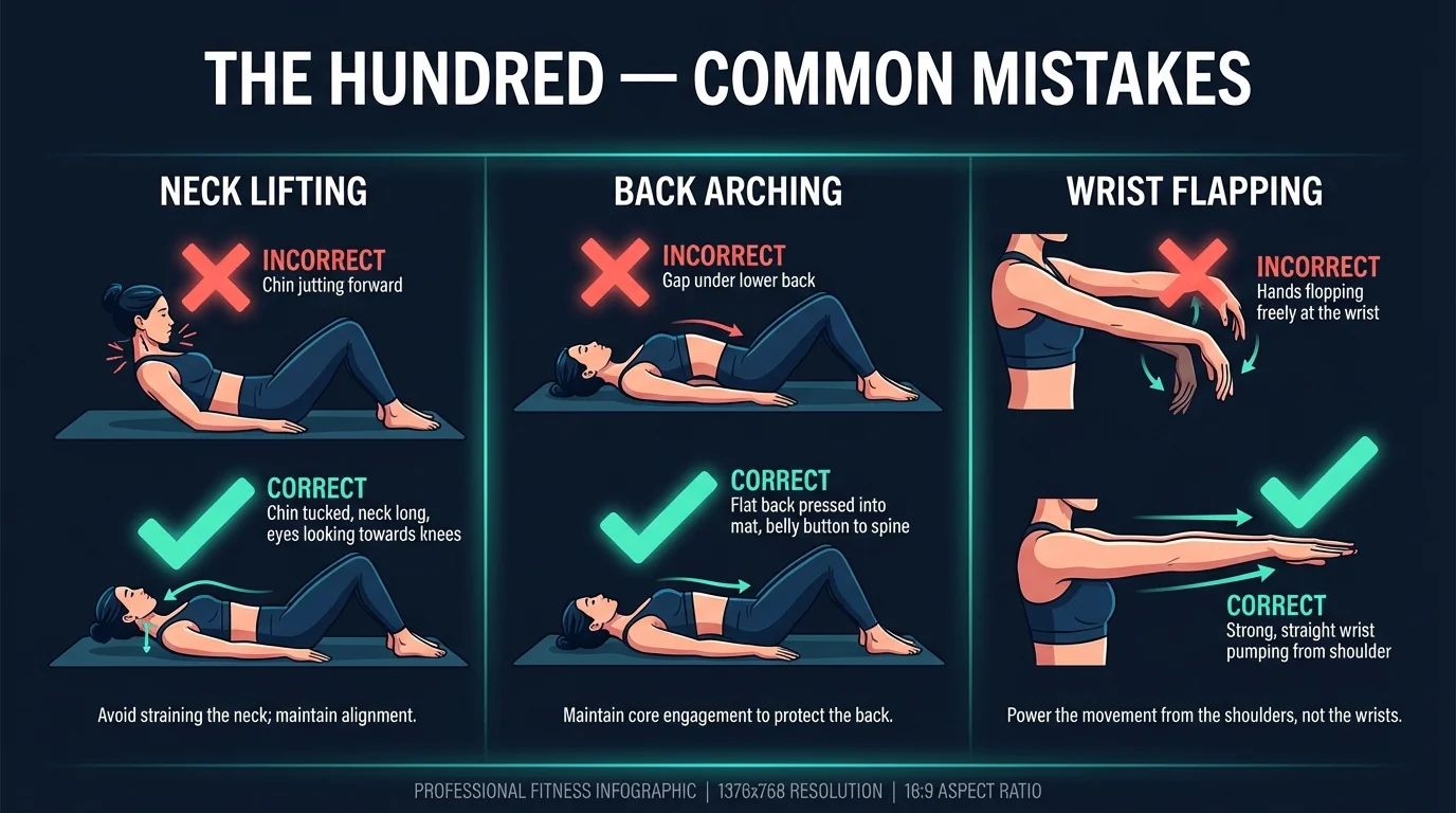 Common mistakes during the Hundred exercise including neck lifting, lower back arching, and wrist flapping with correction cues