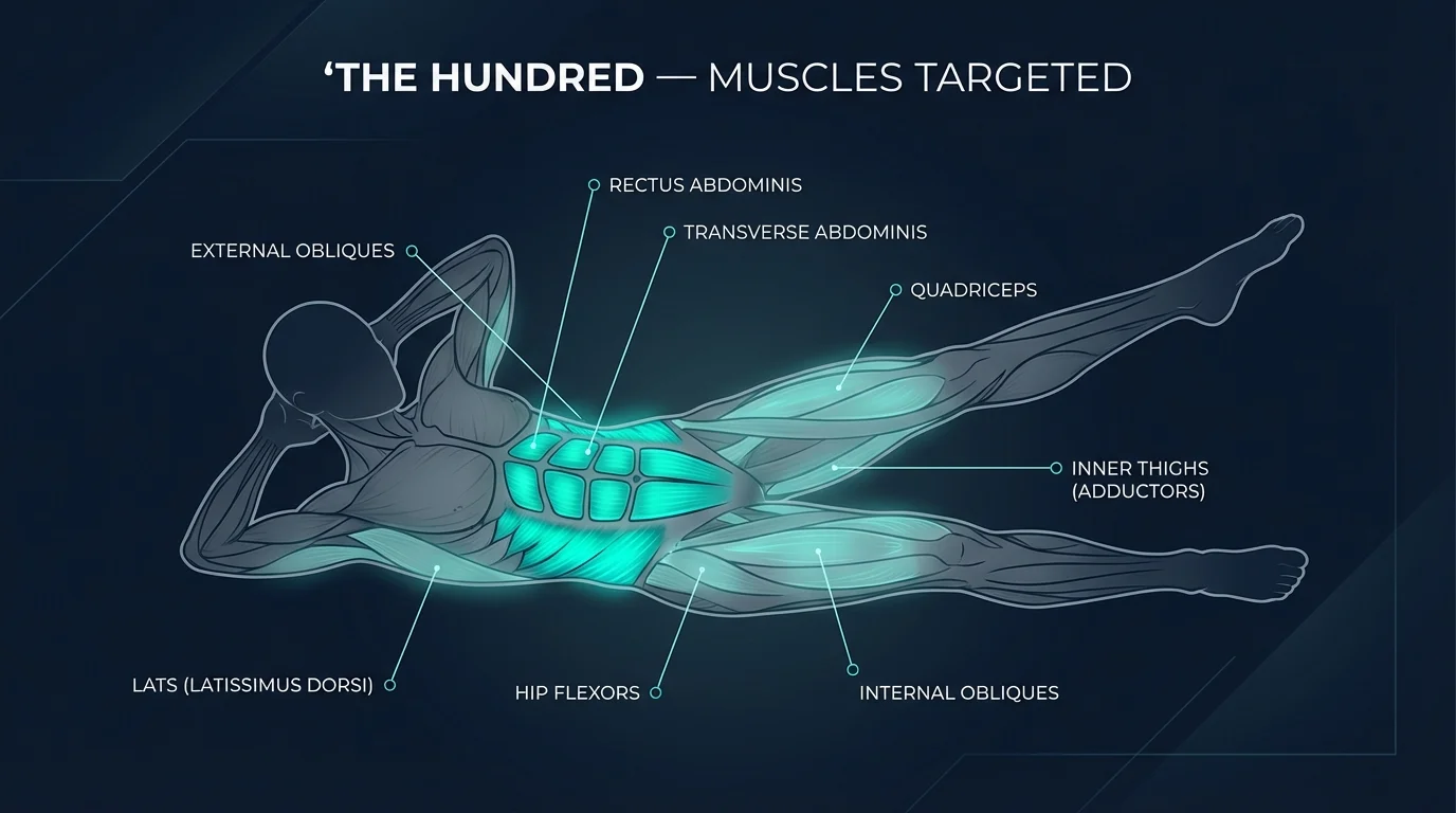 Muscles targeted by the Hundred exercise including rectus abdominis, transverse abdominis, obliques, hip flexors, and quadriceps