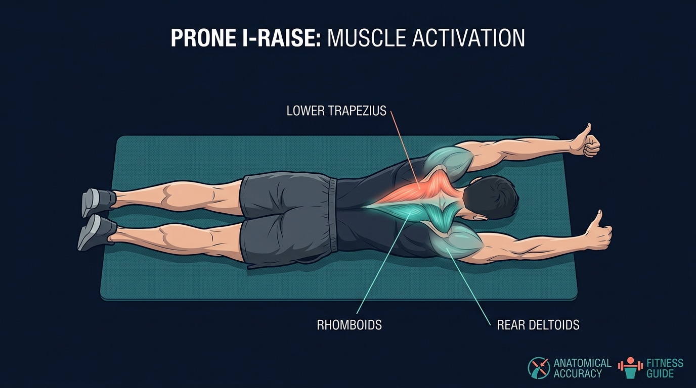 Prone I raise muscles worked diagram showing lower and middle trapezius, rear deltoids, and rhomboids activation during the floor exercise
