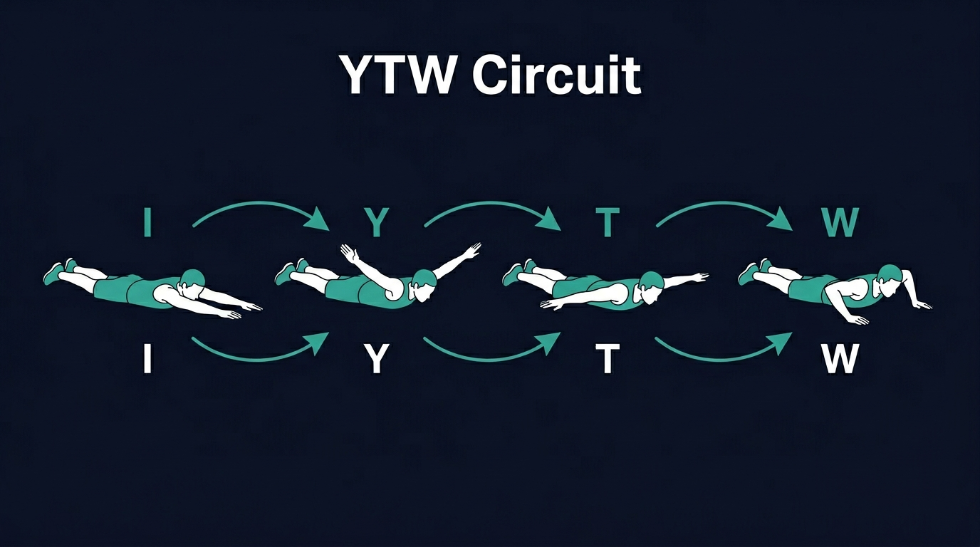 YTW scapular circuit sequence showing I raise, Y raise, T raise, and W raise performed prone on the floor