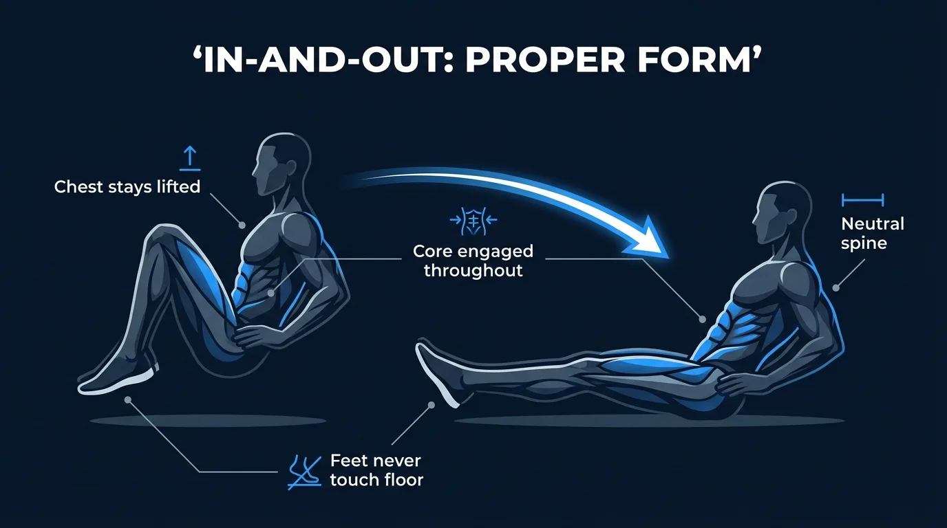 Korrekte Form der In-and-Out Uebung mit der eingezogenen 'In'-Position und der gestreckten 'Out'-Position mit Fuessen ueber dem Boden