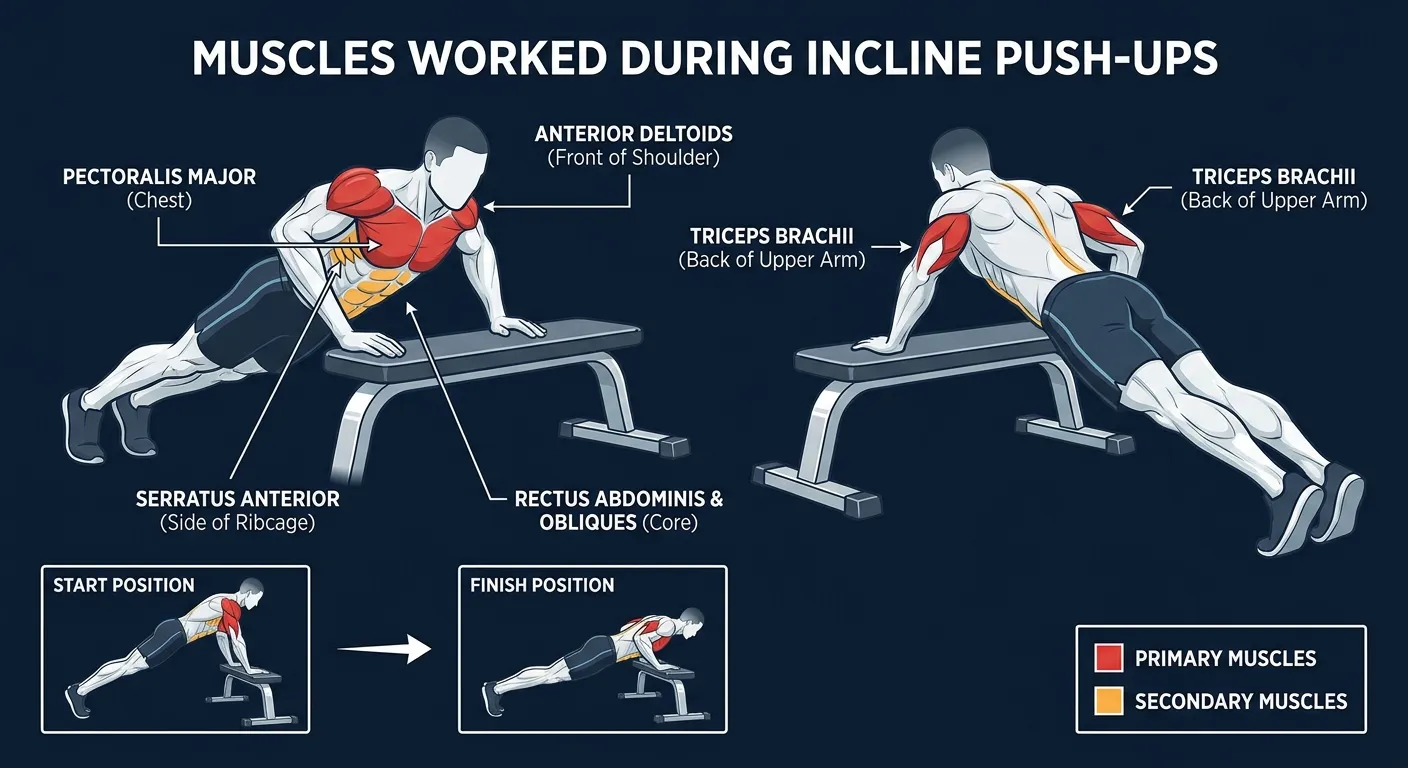 Incline push-up muscles activated: pectoralis major, triceps brachii, and anterior deltoids as primary movers, with the core and serratus anterior as stabilizers, at reduced load due to the incline angle