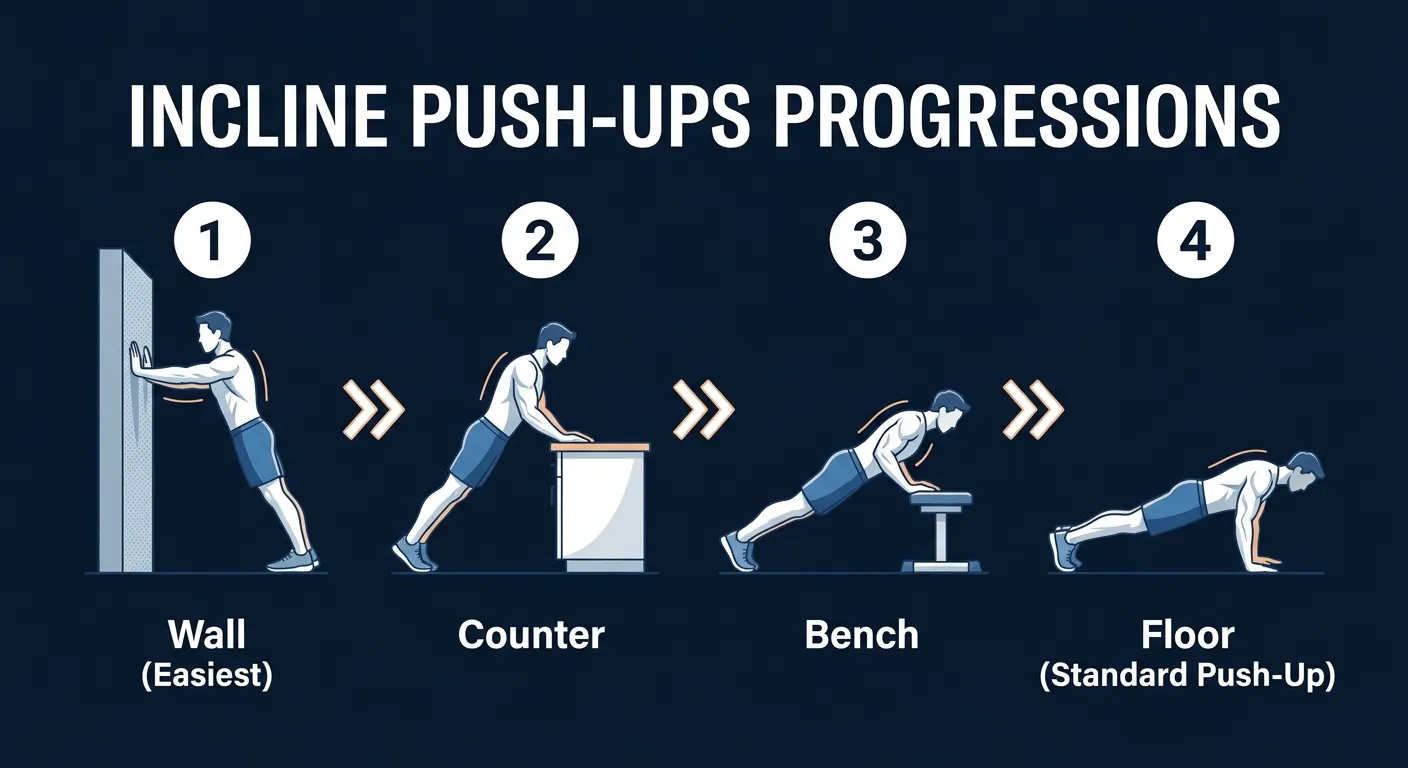 Incline push-up progression from wall (beginner) to counter to bench to floor push-up, showing decreasing surface height and increasing load