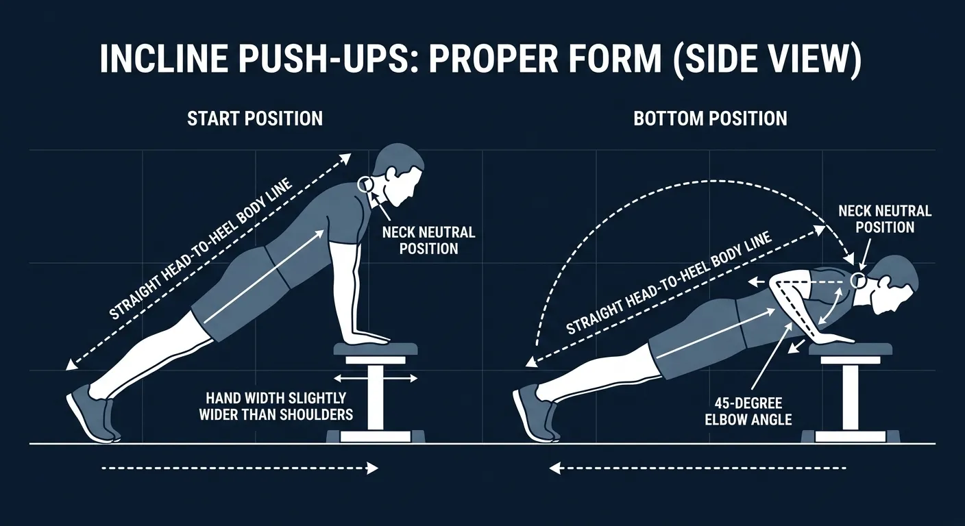 Incline push-up proper form: hands on a bench slightly wider than shoulder-width, elbows tracking back at a 45-degree angle, body in a straight head-to-heel plank position