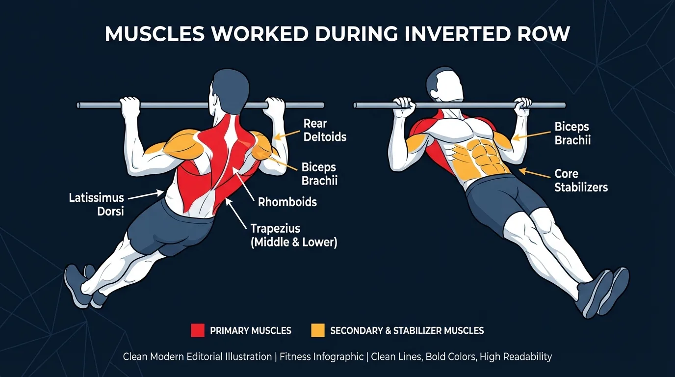 Inverted row muscles targeted diagram showing latissimus dorsi, rhomboids, and trapezius as primary movers with biceps, rear deltoids, and core as secondary muscles
