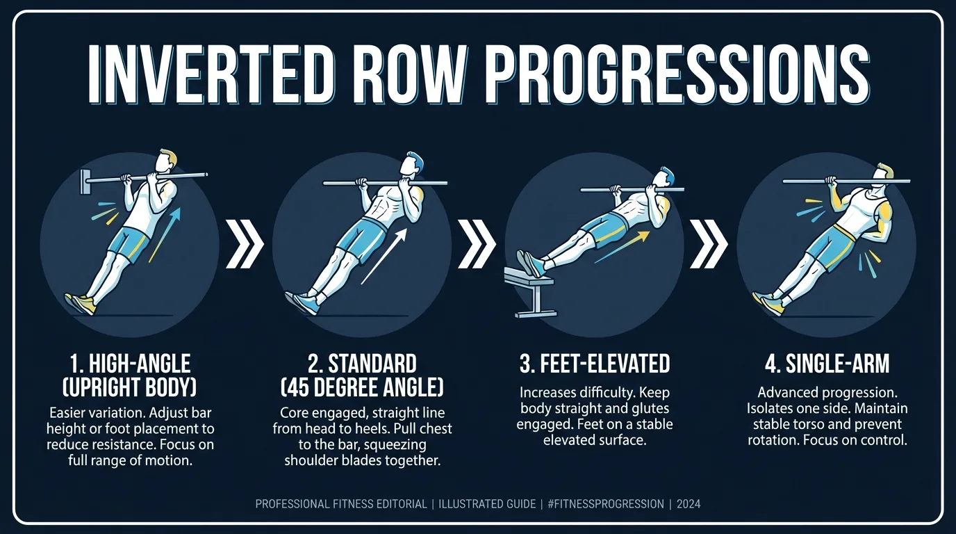 Inverted row progression from high bar upright angle to low bar horizontal to feet elevated to single arm inverted row, showing increasing difficulty