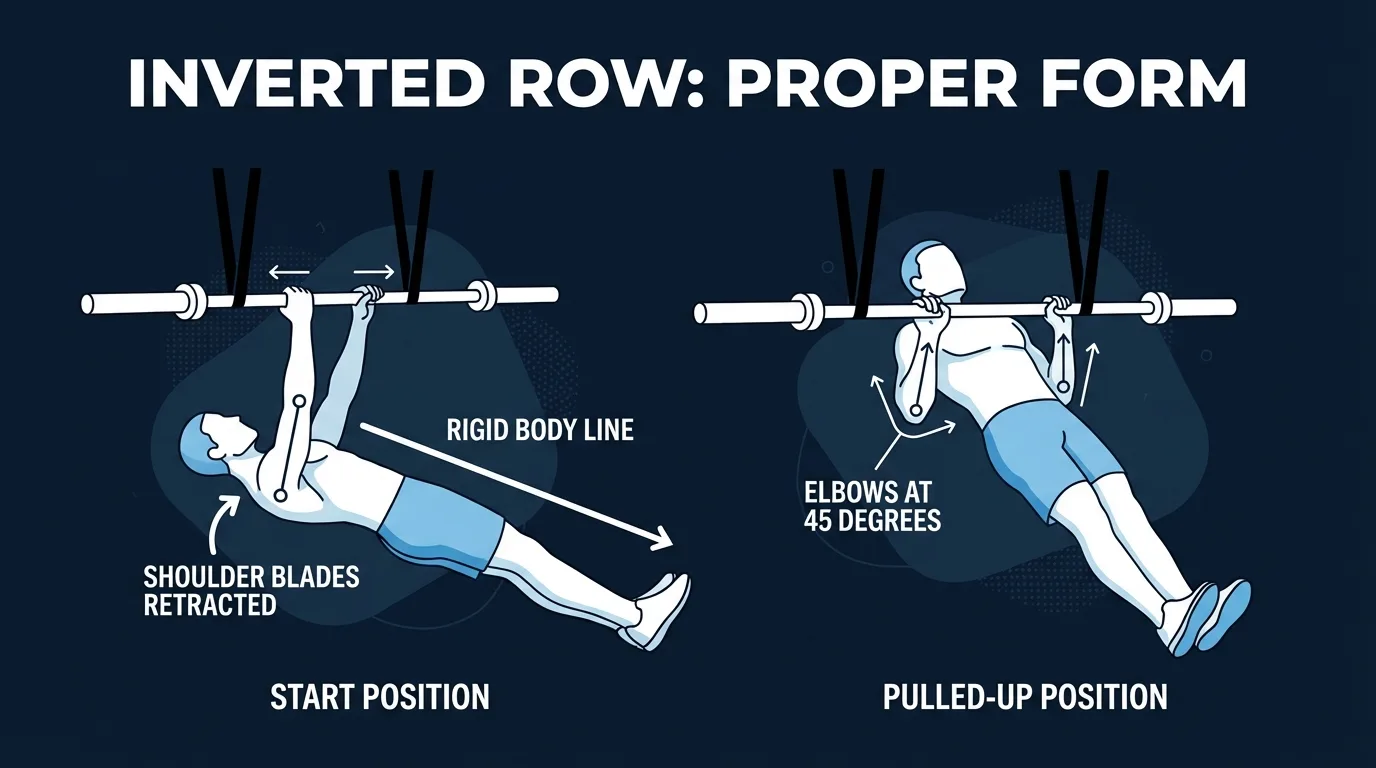 Inverted row proper form showing hanging start position with straight body and pulled-up position with chest touching bar, elbows at 45 degrees